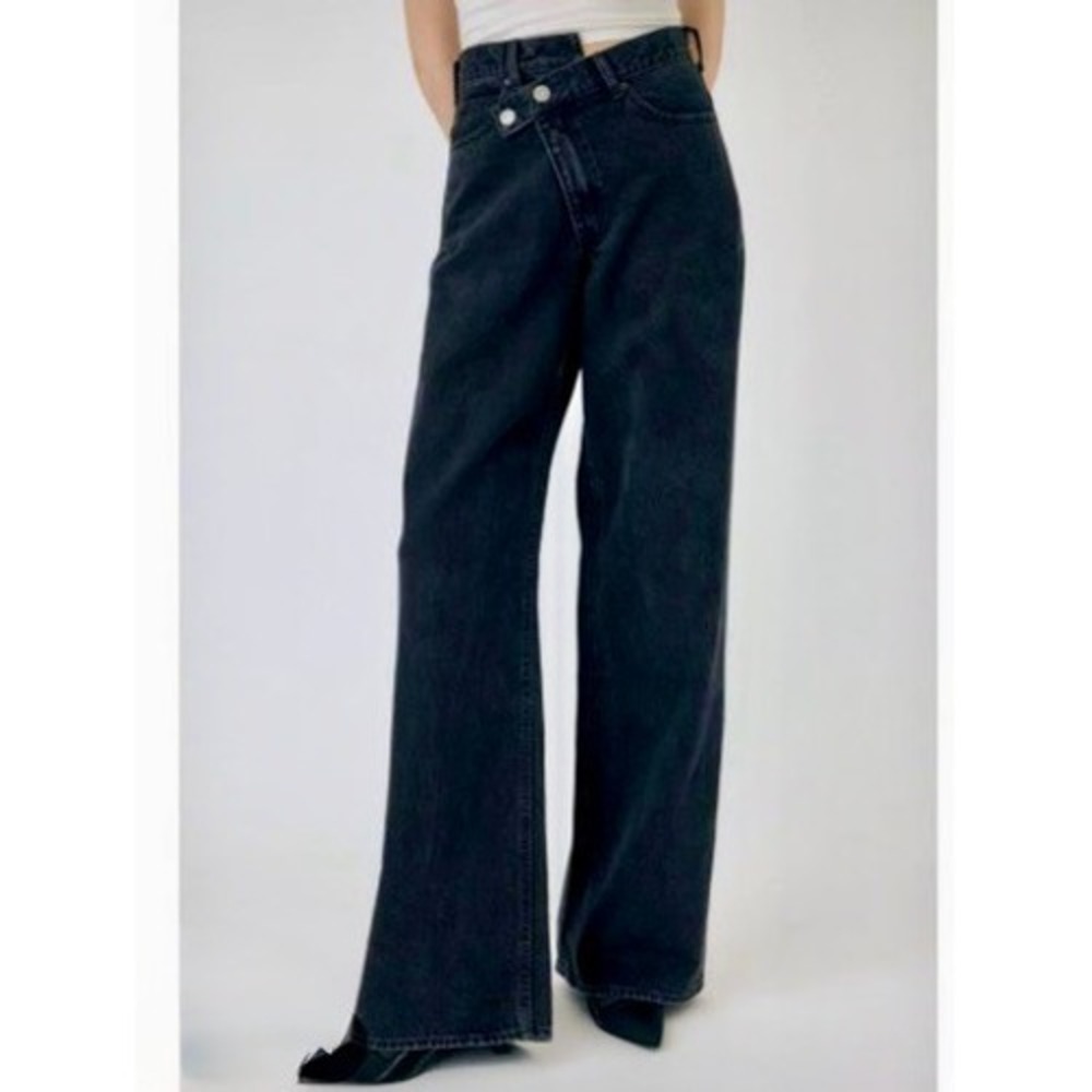 Moussy Cross Waist Wide Straight Denim Black Jeans Asymmetrical Crossover 25